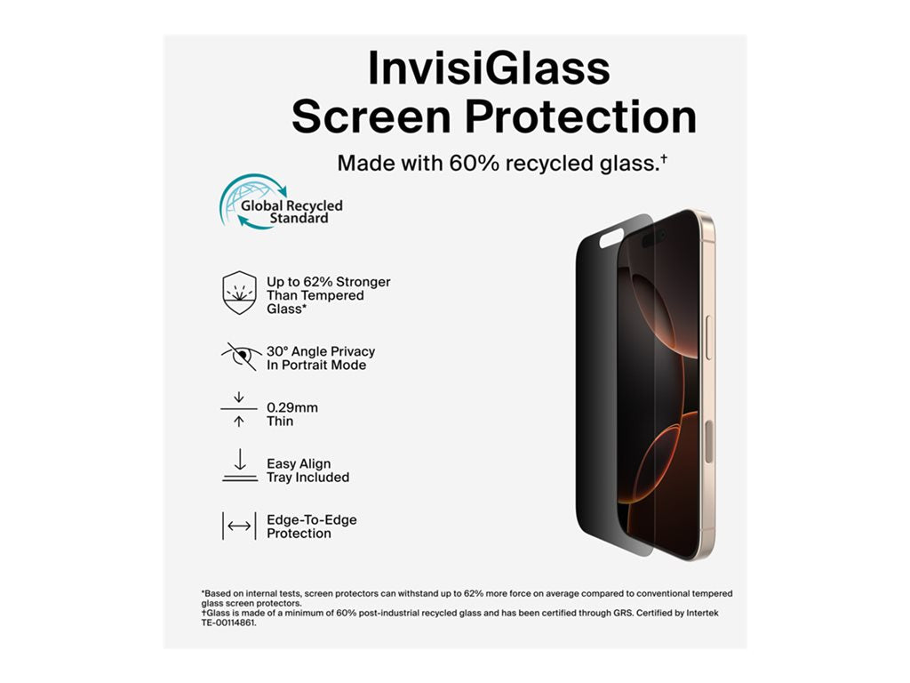 Belkin ScreenForce InvisiGlass - Screen protector for cellular phone - treated - glass - with privacy filter - 4-way - for Apple OVA169FQ